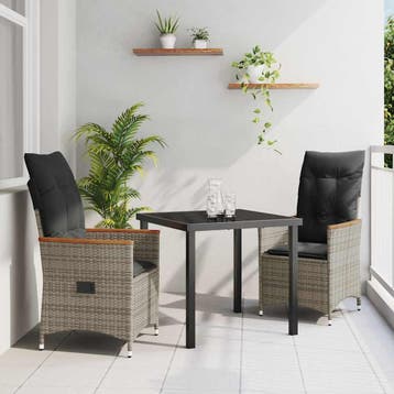 vidaXL Tuin eettafelset met kussen 3 pcs Grijs poly rattan, Verzenden, Nieuw, Rotan, 3 zitplaatsen