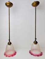 Lamp (2) - Art Deco verstelbare messing hanglamp met Franse