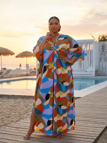 Boho rayon kaftan jurk - Olijfgroen Lichtblauw Boho Mosaic, Ophalen of Verzenden, Nieuw