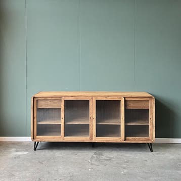 Dressoir | Teakhout | Ribbelglas | 200cm breed | Voorradig!, Huis en Inrichting, Kasten | Dressoirs, 150 tot 200 cm, Teakhout