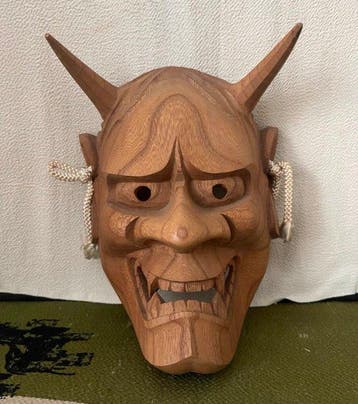 Handgesneden Japanse houten Hannya (Yasha) Noh-masker, van, Antiek en Kunst