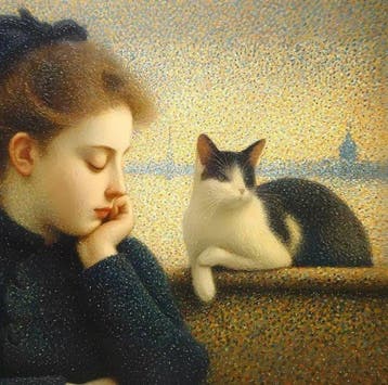 I_KONIQ - Venice girl with cat in George Seurat oilpaint