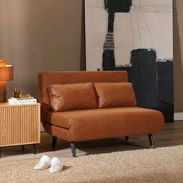 50% Korting: Slaapbank 1,5 persoons Kristian cognac eco-leer, Ophalen, Zo goed als nieuw, Industrieel, Modern