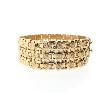 Vintage gouden brede florale schakelarmband, Ophalen of Verzenden, Gebruikt, Goud, Goud