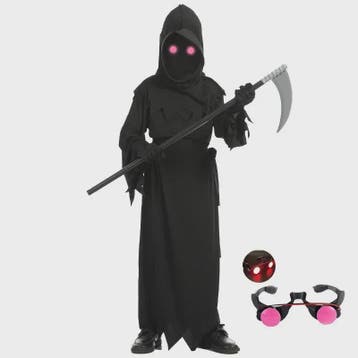 Kinder Halloween Kostuum Grim Reaper met Rode Oogjes en Zeis, Verzenden, Nieuw