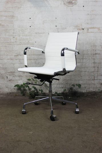 Luxe design bureaustoel wit kunstleer – chroom, verstelbaar,, Verzenden, Gebruikt, Bureaustoel