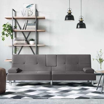 vidaXL Slaapbank met bekerhouders kunstleer grijs, Verzenden, Nieuw, Leer, 200 tot 250 cm