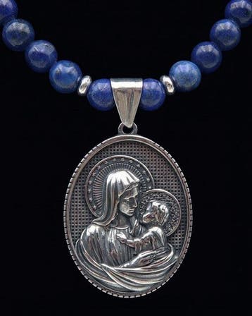Lapis lazuli - Ketting met Hanger van de Maagd en Kind -, Antiek en Kunst