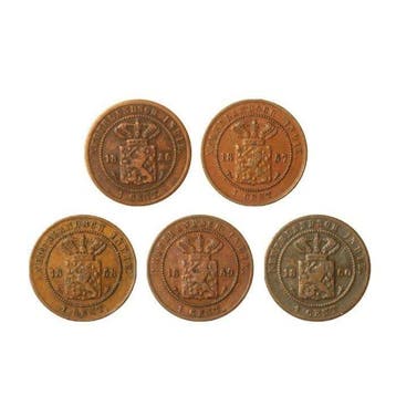 Nederlands-Indië. 1 Cent 1856, 1857, 1858, 1859 & 1860 (lot