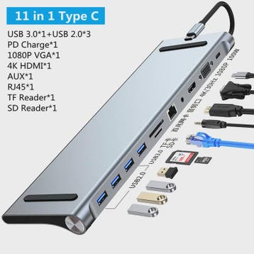 11-in-1 USB-C Hub Docking Station met 4K HDMI, VGA, RJ45, SD, Verzenden, Nieuw