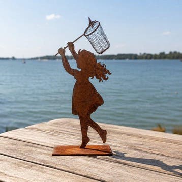 Beeld, garden statue silhouette of girl with butterfly net -