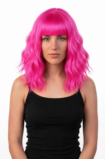 KIMU® Luxe Donkerroze Pruik Schouderlengte Rechte Pony Krull, Ophalen of Verzenden, Nieuw, Carnaval