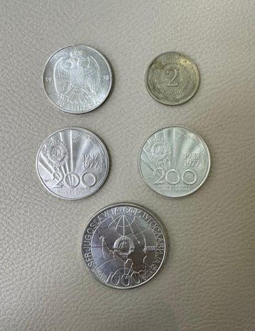Joegoslavië. Lot of 5 coins, incl. silver; 2, 50, 200, 1.000