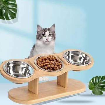 Kantelbare Kattenvoerbak 3 RVS Kommen – Verhoogd met Hout, Dieren en Toebehoren, Verzenden, Nieuw