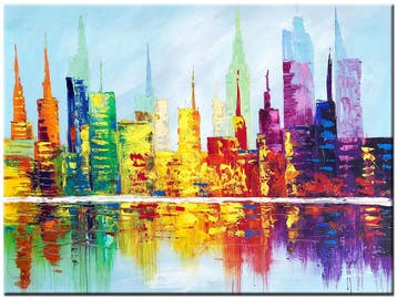 Modern Olieverf Schilderij 120x90cm - Kleurrijke Stad, Ophalen of Verzenden