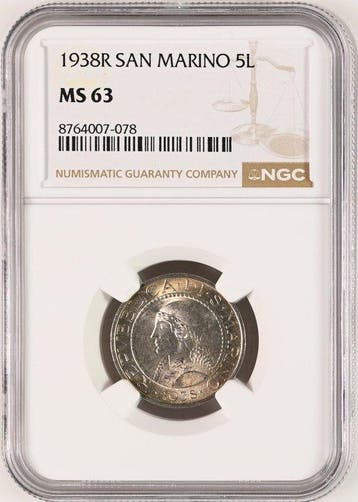 San Marino. 5 Lire 1938 Certified by NGC as MS 63. Rome