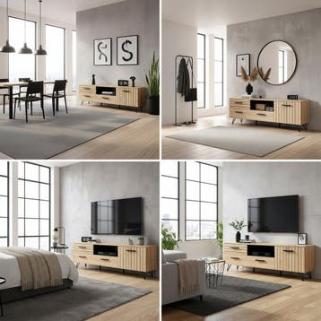 Tv-meubel Noppen 150x38x49 cm eikenkleurig en zwart [en.casa, Huis en Inrichting, Verzenden, Nieuw