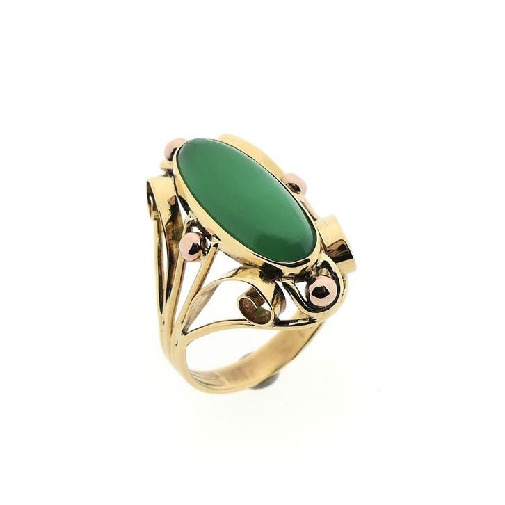 Bicolor gouden ring met jade, Sieraden, Tassen en Uiterlijk, Ringen, Dame, Met edelsteen, Goud, 19 tot 20, Gebruikt, Goud, Ophalen of Verzenden