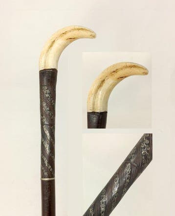 Wandelstok - Draad ingelegd houten as - Hout, Everzwijntand,, Antiek en Kunst