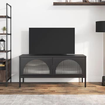 vidaXL Tv-meubel 105x35x50 cm glas en staal zwart, 100 tot 150 cm, Verzenden, Nieuw, Minder dan 100 cm