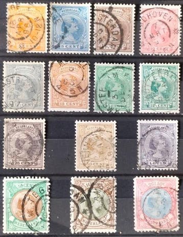 Nederland 1891/1896 - Wilhelmina hangend haar - Nvph 34/48, Postzegels en Munten, Postzegels | Nederland, Gestempeld