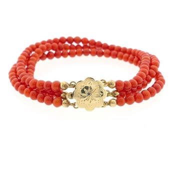 Antiek bloedkoraal kralenarmband met gouden sierslot, Gebruikt, Ophalen of Verzenden, Met edelsteen, Goud