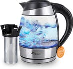 Waterkoker glas - met LED - 1.8L - 2200W - Zilver - TRESKO, Verzenden, Zo goed als nieuw