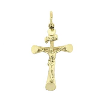 Gouden hanger van een kruis met corpus; INRI, Ophalen of Verzenden, Gebruikt, Goud, Overige merken