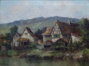 German school (XX) - Romantische Dorflandschaft am Flussufer