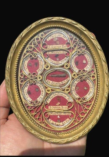 Reliekhouder - Brons, Glas, Textiel - 1850-1900 - Heilige, Antiek en Kunst