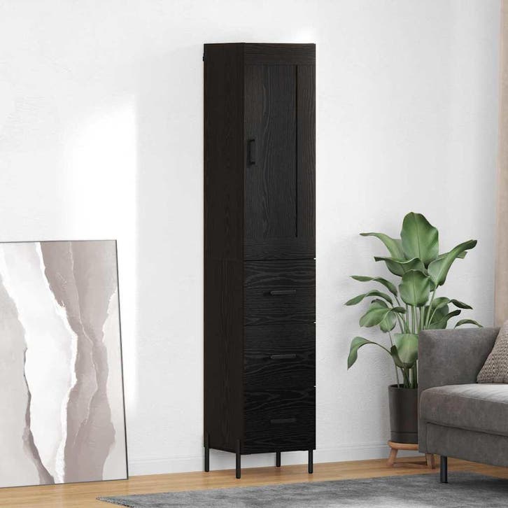 vidaXL Highboard met lade Zwart Eiken 34,5 x 34 x 180 cm, Huis en Inrichting, Kasten | Buffetkasten, 25 tot 50 cm, Nieuw, Overige houtsoorten