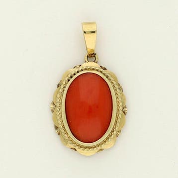 Hanger - 14 karaat Geel goud - Bloedkoraal., Sieraden, Tassen en Uiterlijk, Antieke sieraden