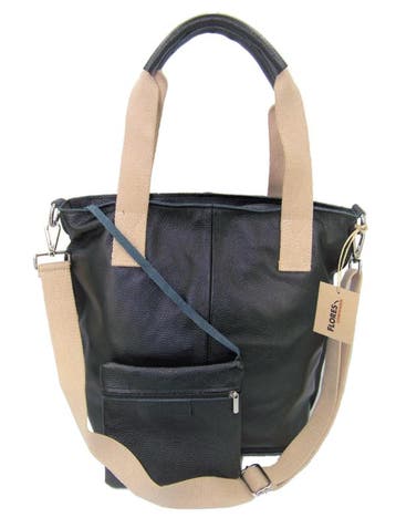 Flores Lederwaren zwarte leren shopper met canvas accenten, Verzenden, Nieuw
