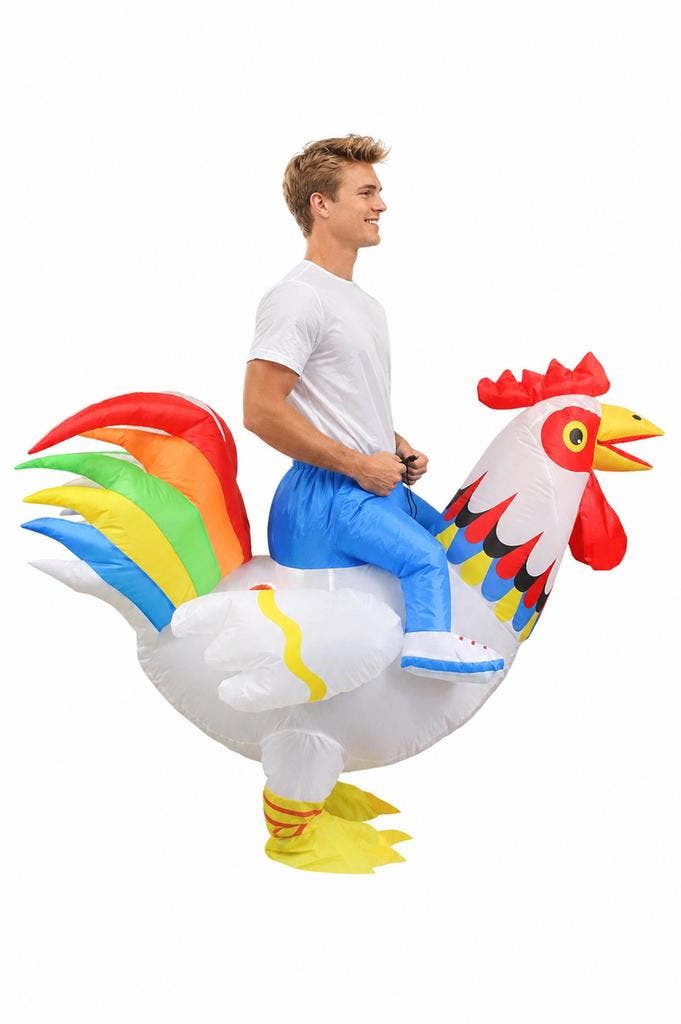 KIMU® Opblaas Kostuum Zittend op Kip Wit Regenboog Opblaasba, Kleding | Heren, Carnavalskleding en Feestkleding, Kleding, Nieuw