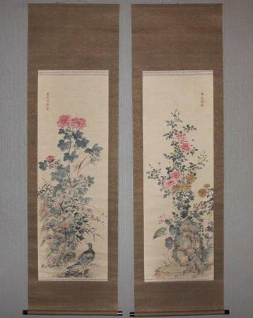 Very fine bird-and-flower diptych, signed - Yamamoto Baiitsu