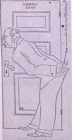 André Tardieu luistert mee achter een deur op spotprent, Verzenden