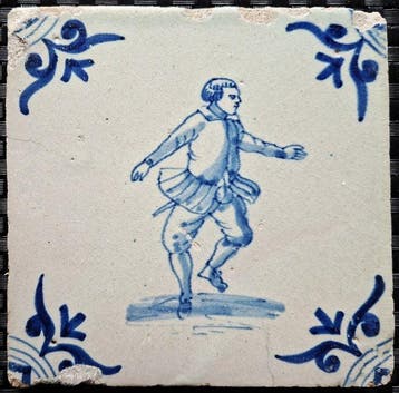 Tegel - Antieke Delftsblauwe tegel met dansende man. -, Antiek en Kunst