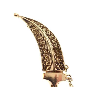 Gouden broche van een Arabische dolk; Filigrain, Ophalen of Verzenden, Gebruikt, Overige kleuren, Goud