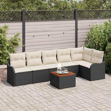 vidaXL Tuinbankenset 7 st Zwart en Crème poly rattan, Verzenden, Nieuw, Rotan, 7 zitplaatsen