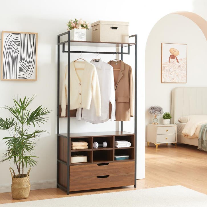 Kledingkast Larem met 6 vakken 180x84x40 cm zwart en walnoot, Huis en Inrichting, Kasten | Kledingkasten, Verzenden