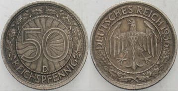 50 Reichspfennig 1936 D Kleinmunten Weimarer Republik Wei..., Verzenden
