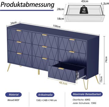 Commode - Dressoir - Ladekast - 150x34x74 cm - Marineblauw -, Verzenden, Zo goed als nieuw