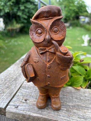 Beeld, Wijze uil met pijp - 19 cm - Gietijzer