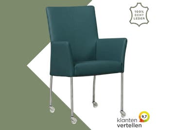Leren eetkamerstoel Comfort met wieltjes en armleuning -, Huis en Inrichting, Stoelen, Blauw, Nieuw, Leer, Ophalen of Verzenden
