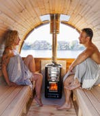 Barrel Sauna | buitensauna met veranda | Ronde sauna, Ophalen of Verzenden, Nieuw, Fins of Traditioneel, Complete sauna