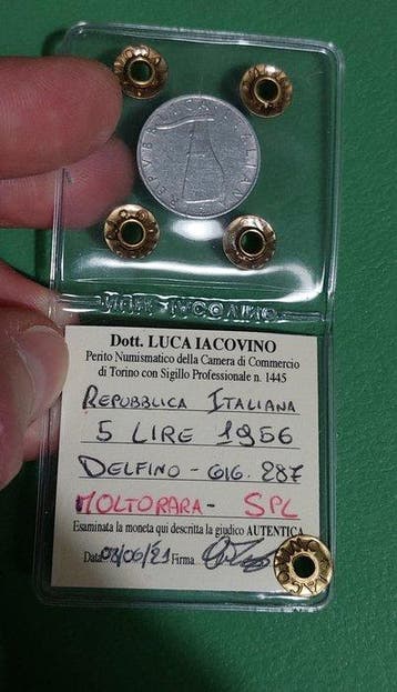 Italië, Republiek 5 Lire 1956 Delfino, Postzegels en Munten