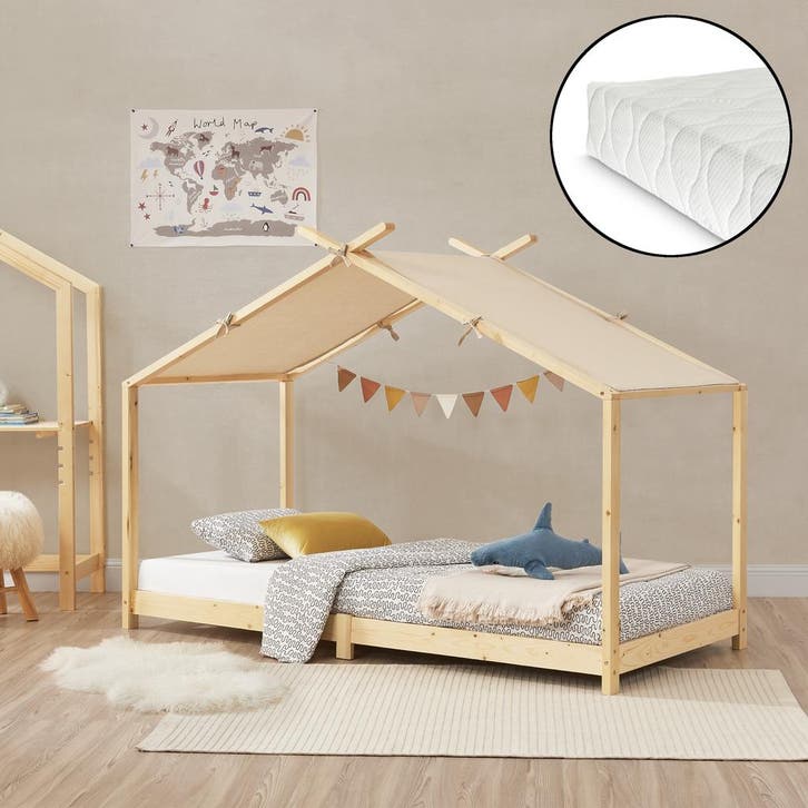 Kinderbed Brome huisbed met matras 90x200 cm houtkleurig en, Kinderen en Baby's, Kinderkamer | Bedden, Verzenden