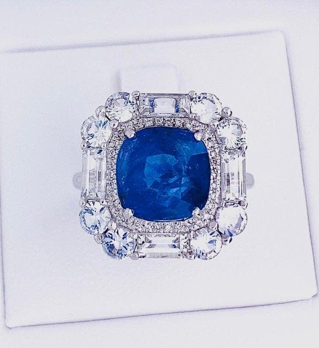 Ring Platina - 6.93ct. tw. Saffier - Saffier, Sieraden, Tassen en Uiterlijk, Ringen