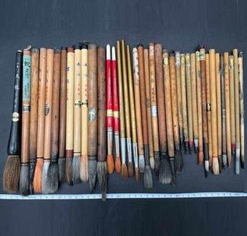 Vintage Japanse kalligrafiepenselen, set van 38 stuks,