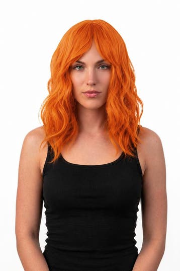 KIMU® Luxe Oranje Rode Pruik Curtain Bangs Pony Schouderleng, Kleding | Dames, Ophalen of Verzenden, Nieuw, Carnaval